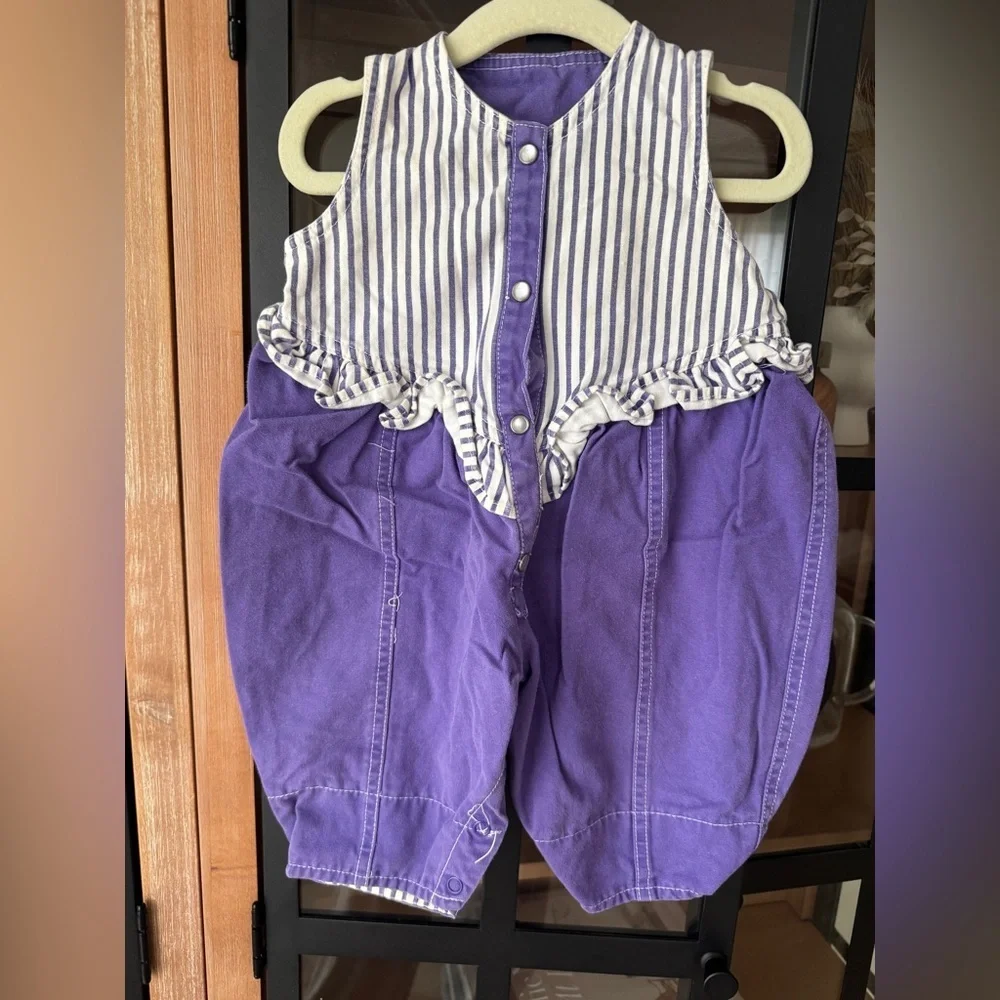 Vintage 90s striped coverall pearl ruffle baby girl playsuit western denim